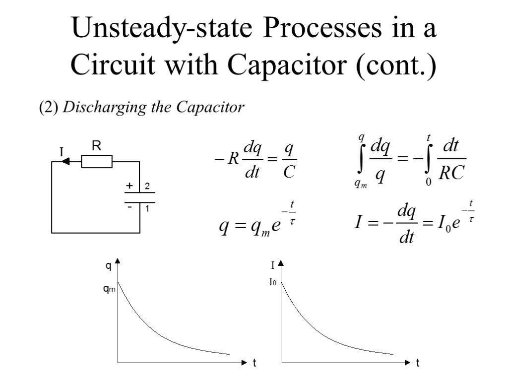 Unsteady-state Processes in a Circuit with Capacitor (cont.) (2) Discharging the Capacitor